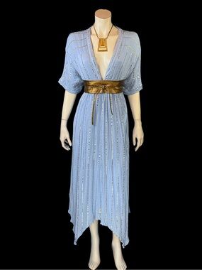 En Creme Light Blue Gauze Dress w Gold Metallic Stripe / Resort Goddess / M